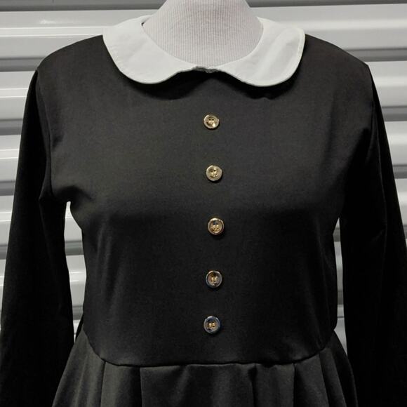 Womens Retro Wednesday Addams Dress Size Large Black Gothic Chic Mod Peter Pan - Picture 3 of 5